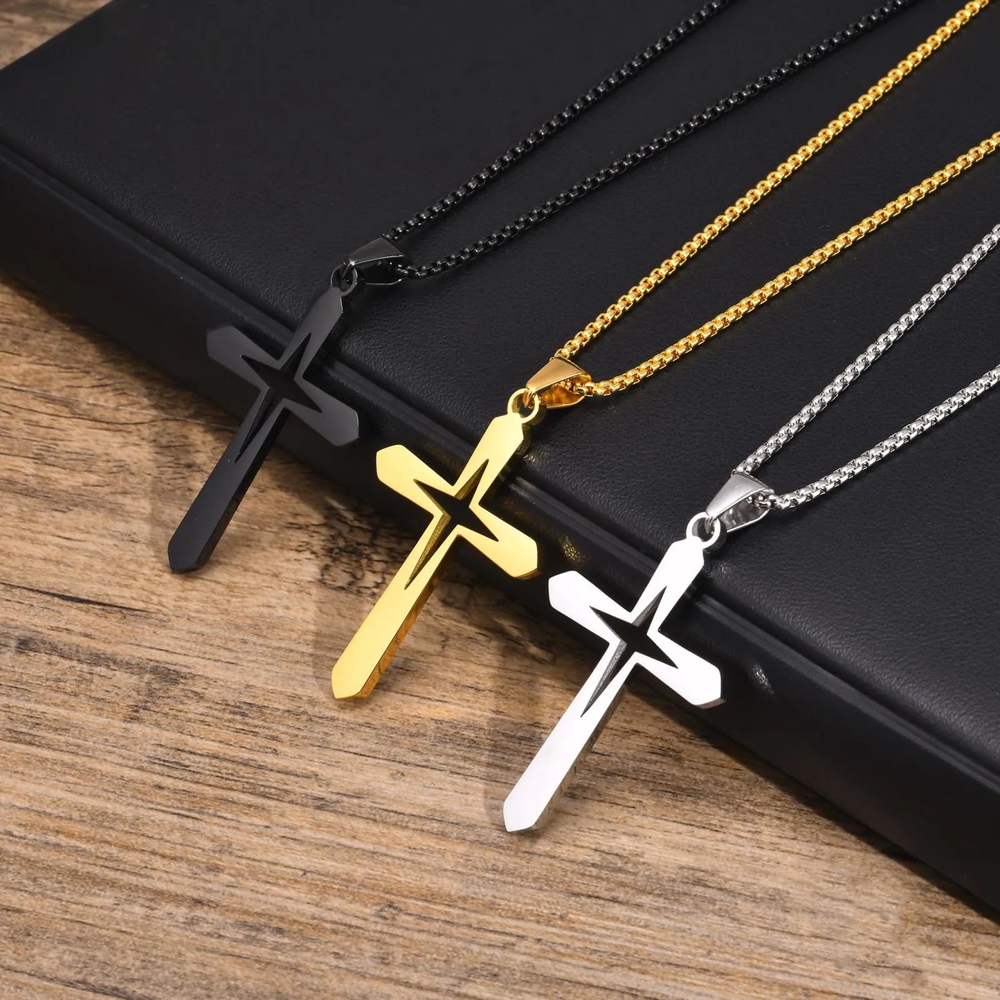 Ariel Stainless Steel Hollow Star Cross Pendant Necklace