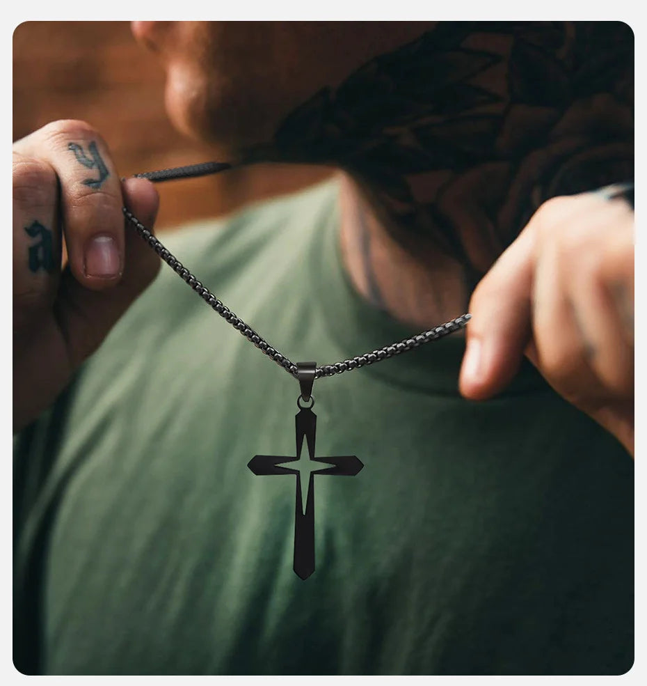 Ariel Stainless Steel Hollow Star Cross Pendant Necklace