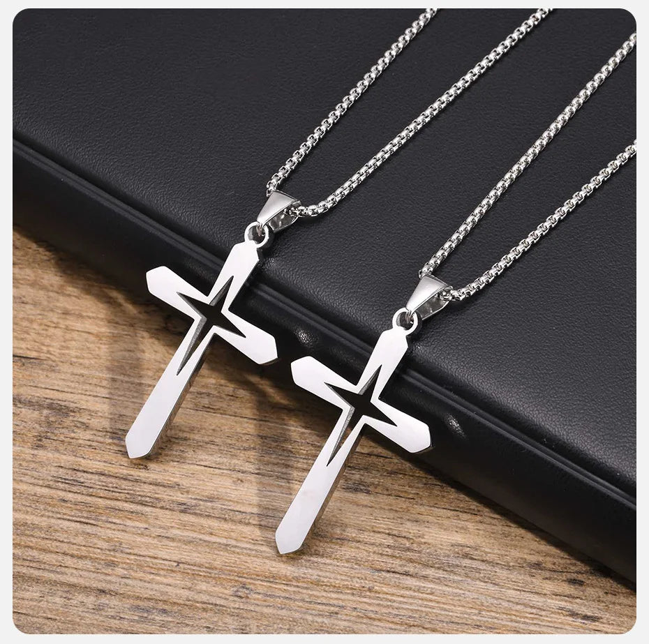 Ariel Stainless Steel Hollow Star Cross Pendant Necklace